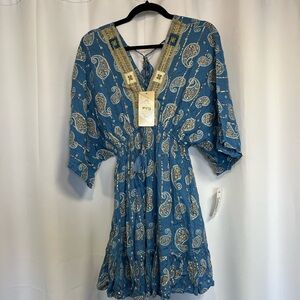 NWT- Zury Blue Paisley Mini Dress with Gold Trim